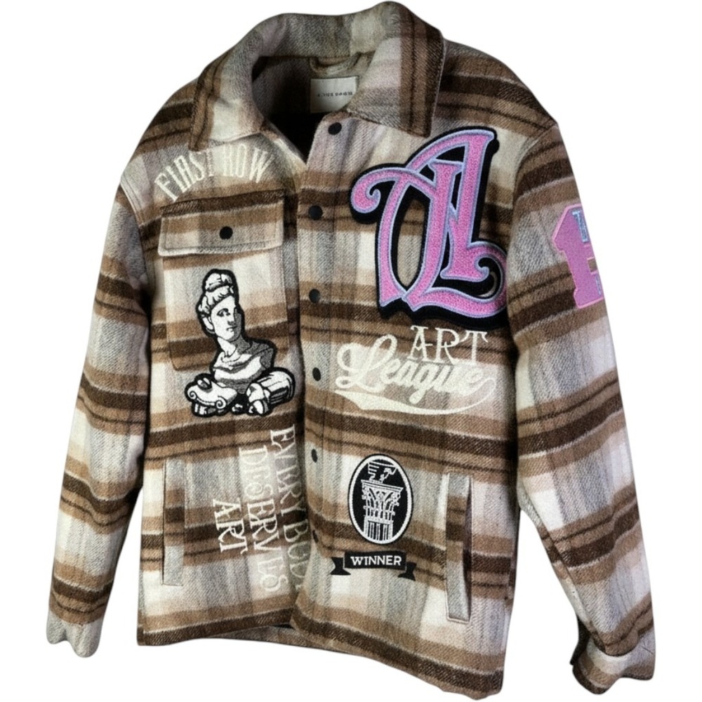 First Row Art League Plaid Varsity Patch Shacket Brown Cream Mens Small